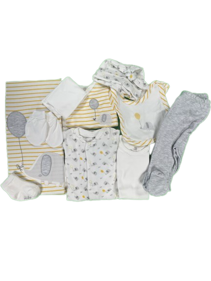 Erstausstattung Neugeborenen Set 10-teilig Bibaby Elefuntastic Weiß-Grau-Gelb