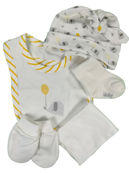 Erstausstattung Neugeborenen Set 10-teilig Bibaby Elefuntastic Weiß-Grau-Gelb